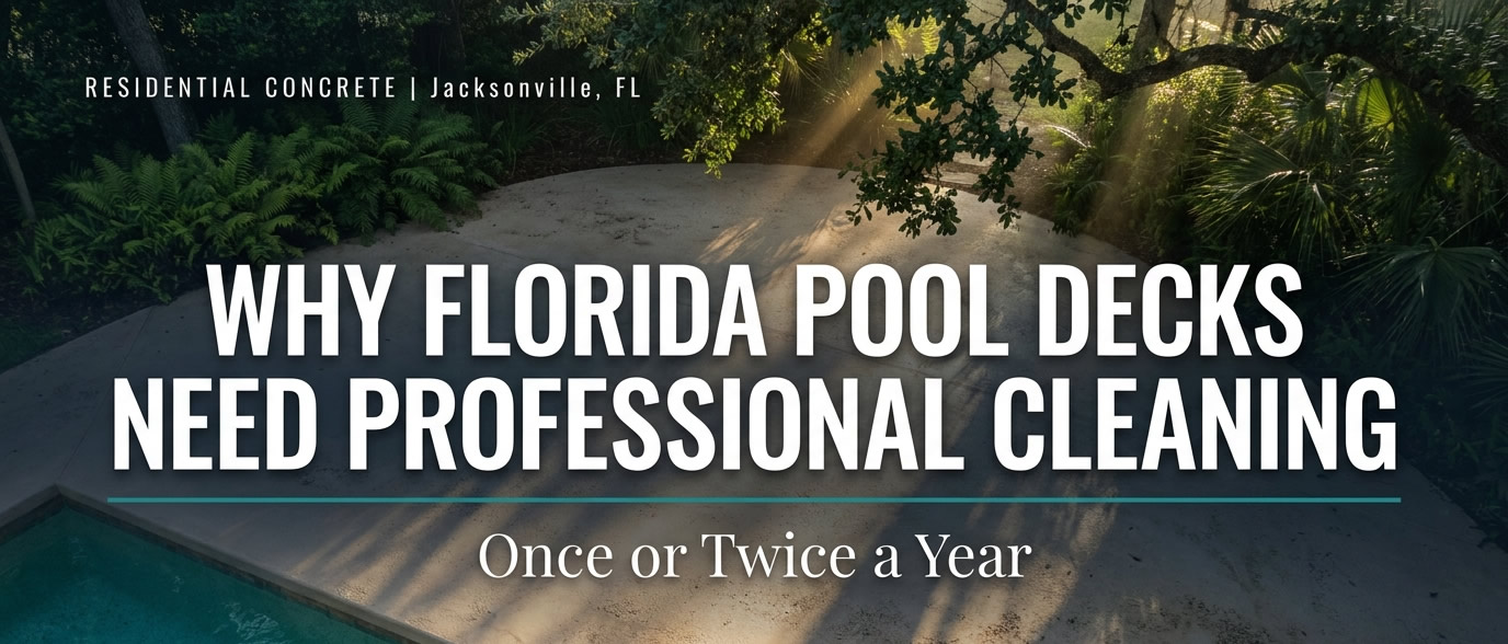 Professional pool deck cleaning on a jacksonville florida home algae removal and surface wash banner