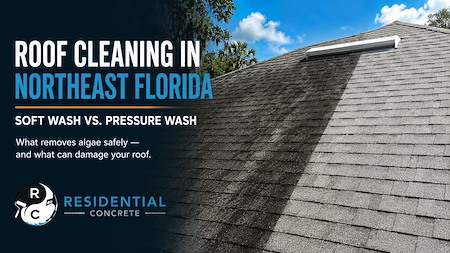 Roof before and after soft washing showing algae removal on an asphalt shingle roof in Jacksonville, Florida.